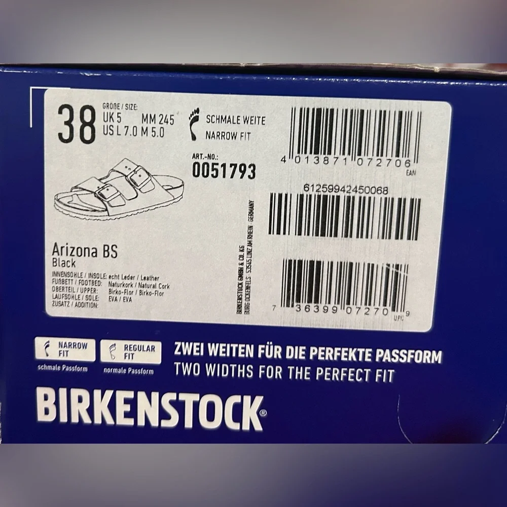 NWT NIB Birkenstock Arizona Sandals Black Unisex Medium Narrow Size 7W/5M/EU38